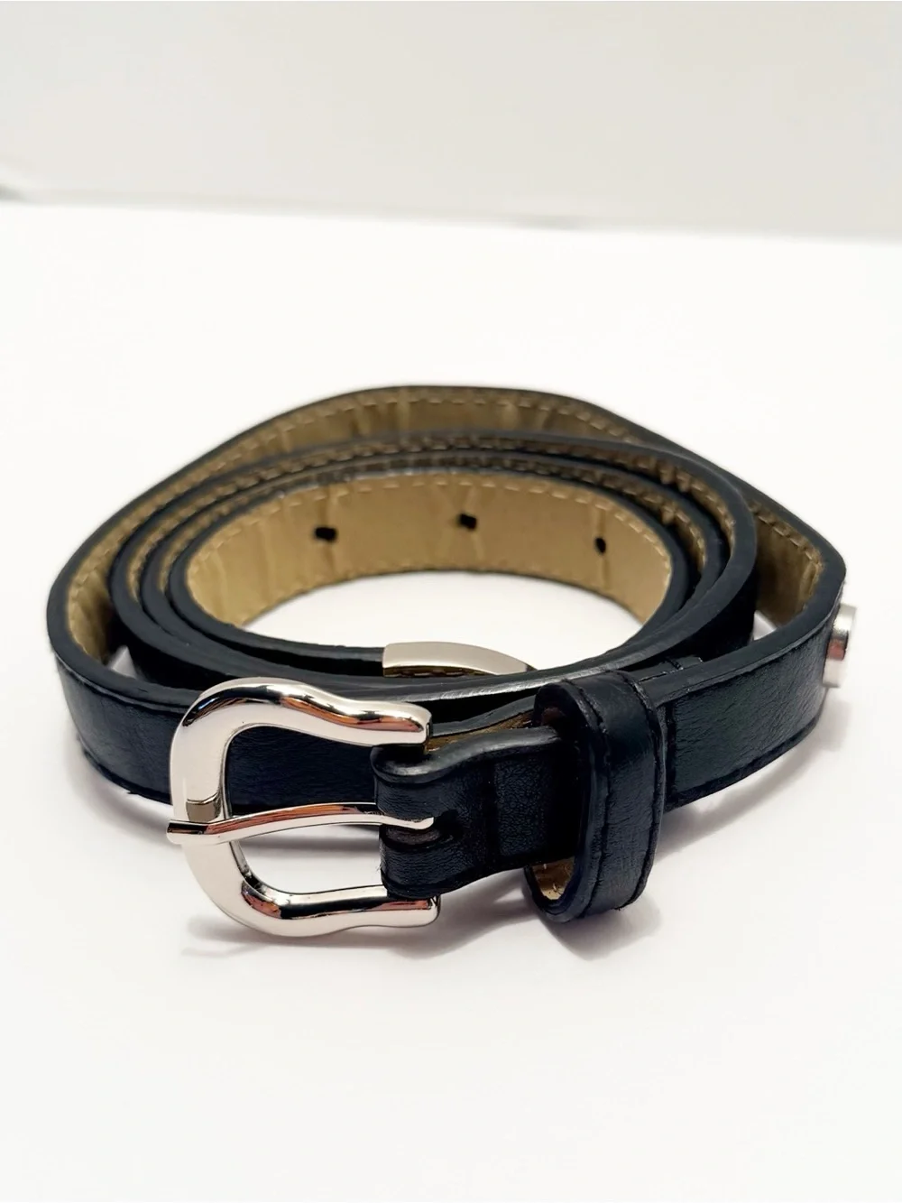 Steve Madden Black Slim Leather Belt with Silver Buckle